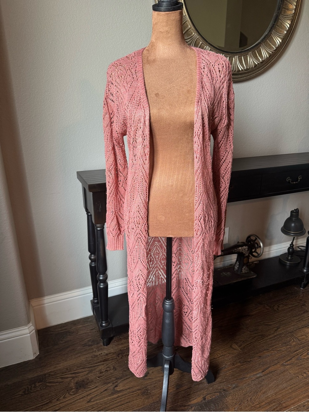 Moral Fiber Long Open Knit Crochet Cardigan Duster - Dusty Rose Medium
